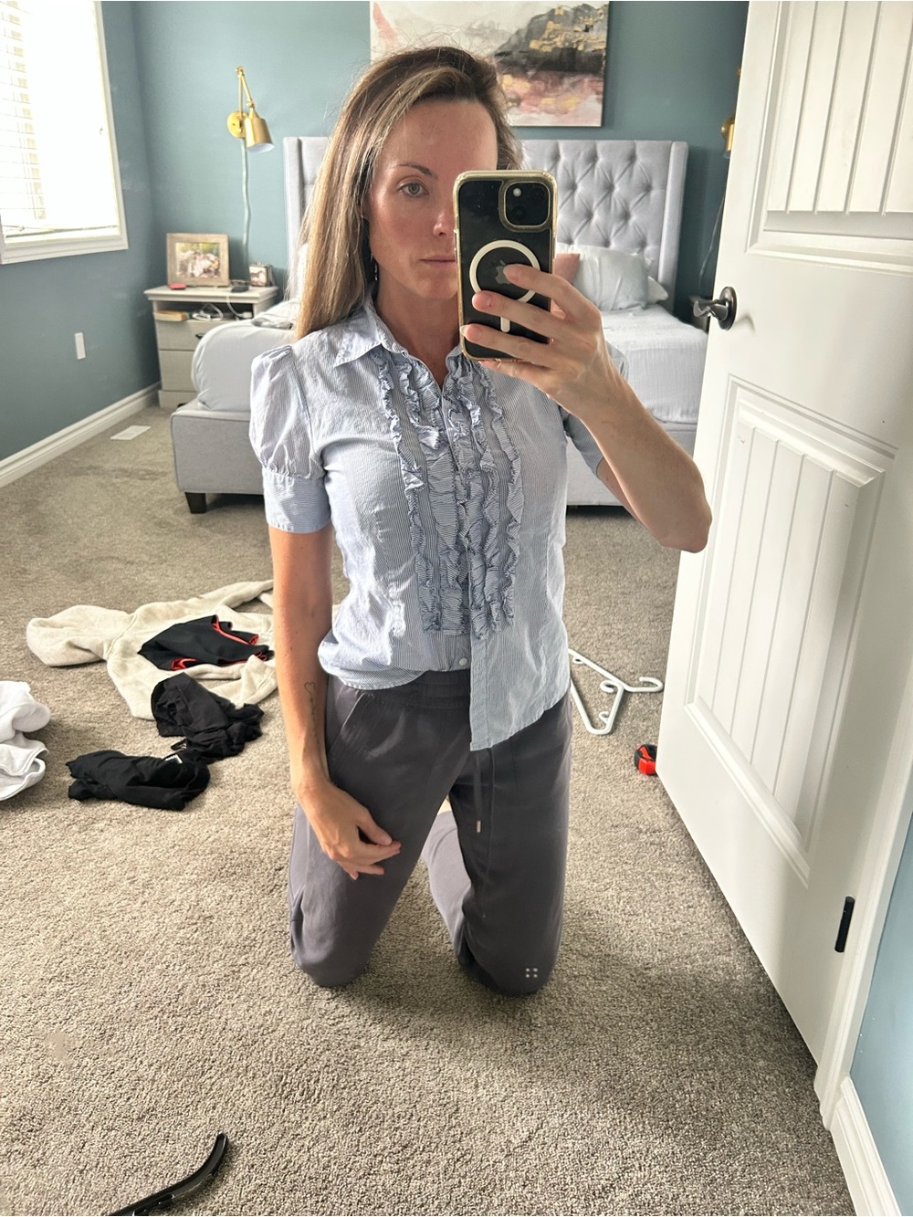 Blue Striped Ruffle-Front Short Sleeve Button-Down Shirt - Picture 2 of 5